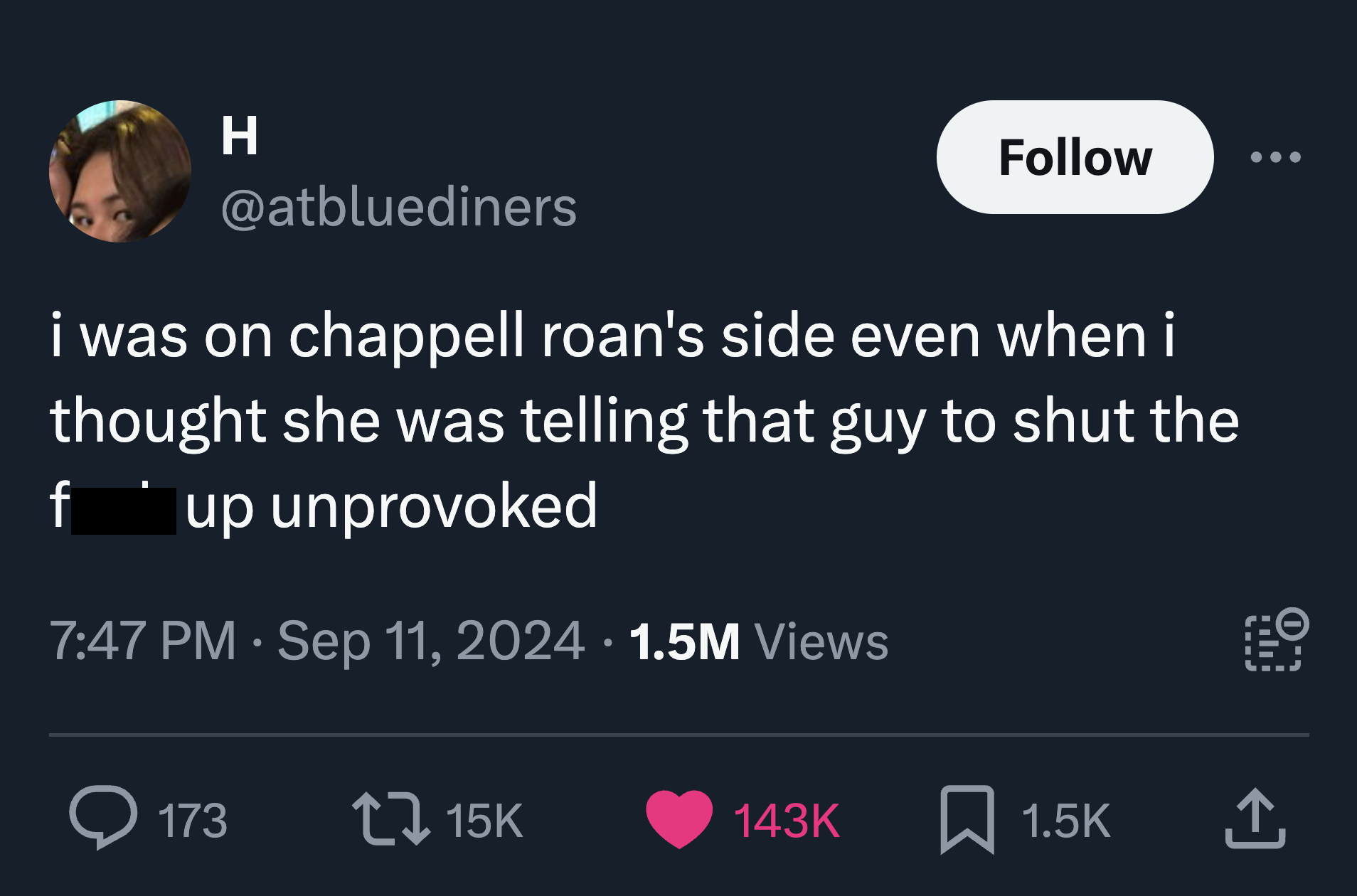 screenshot - H i was on chappell roan's side even when i thought she was telling that guy to shut the f up unprovoked . 1.5M Views Q